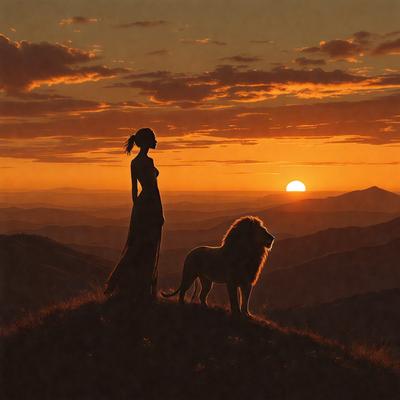 The primary subject of the image is a woman standing on a hill, looking out over the landscape. The setting is a mountainous area with a sunset in the background, creating a serene and picturesque scene. The visual style is a painting, which adds a sense of artistic expression and depth to the image. The colors and mood are warm and inviting, with the sunset casting a golden glow over the landscape.